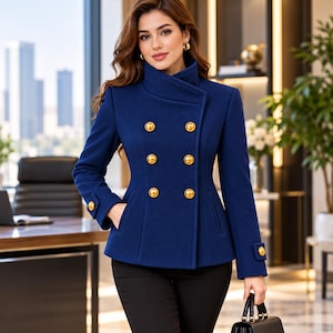 Women Navy Blue Military Jacket Double Breasted Gold Button High Collar Gothic Victorian Coat Style