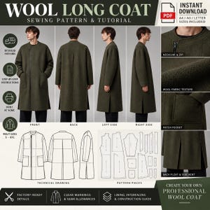 Schnittmuster für einen Unisex-Wollmantel, technische Nähanleitung für einen Oversize-Mantel mit Reißverschluss vorne, digitaler PDF-Download