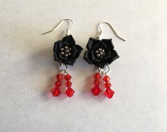 Black Rose Earring with Red Crystals Made from Polymer Clay