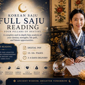 Puede incluir: Un anuncio de servicio digital para una lectura Saju coreana con el texto Korean Saju Full Saju Reading Four Pillars of Destiny. El gráfico incluye iconos para el destino, carrera, amor, riqueza y salud, además de un archivo PDF digital.