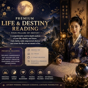 May include: A digital advertisement for a Premium Life & Destiny Reading featuring a person in a dark blue patterned garment writing on a chart. The text includes Premium Life & Destiny Reading, Four Pillars of Destiny, and lists various life categories.