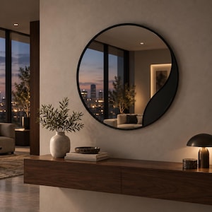 Puede incluir: Un espejo de pared redondo con marco negro que presenta un panel decorativo negro curvo y asimétrico en el lado derecho. El espejo refleja el interior de una habitación con un horizonte urbano visible a través de una ventana al atardecer.