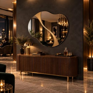 May include: A long, dark wood sideboard with vertical slats and gold metal legs, topped with a gold dome lamp, a glass decanter, and two glasses. Above it hangs an organic, asymmetrical wall mirror with a thin gold frame reflecting a room.