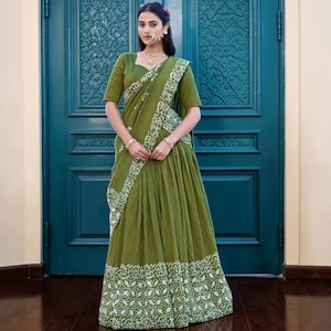 Olive Green Chanderi Lehenga Choli, Cotton Batik Print Lehenga Set, Indian Ethnic Wear, Festive Wedding Outfit, Traditional Party Wear
