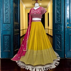 Yellow Pink Lehenga Choli, Faux Georgette Lehenga, Yellow Sequin Lehenga,Embroidered Blouse,Thread Work Lehenga,Wedding Wear, Festive Outfit