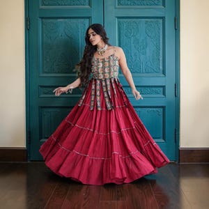 Maroon Kora Cotton Lehenga Choli, 12 Meter Flare, Kutchi Patchwork Blouse, Frill Lehenga, Dori Latkan, Gujarati Garba Outfit