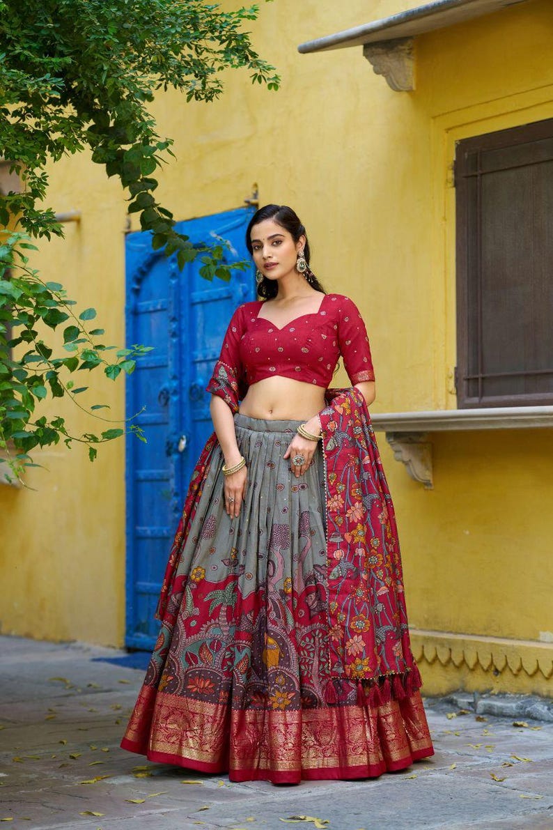 Maroon Tasar Silk Kalamkari Lehenga Choli, Foil Work, Gotta Patti ...