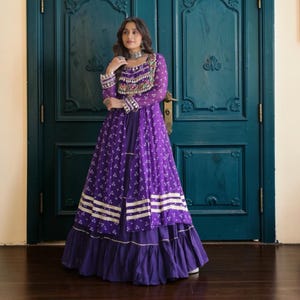 Purple Kora Cotton Lehenga Chaniya, 12 Meter Flair, Bandhani Kutchi Patchwork Top, Designer Dori Latkan, Garba Navratri Outfit
