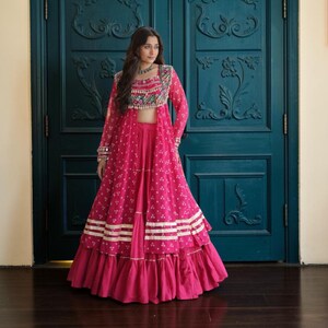 Rani Pink Kora Cotton Lehenga Chaniya, 12 Meter Flair, Bandhani Kutchi Patchwork Top, Designer Dori Latkan, Garba Navratri Outfit