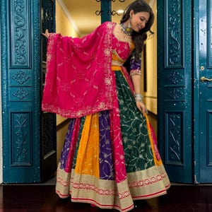 Multicolor Milki Silk Lehenga Choli, Embroidered Thread Sequin Lehenga, Colorful Indian Wedding Outfit, Festive Party Wear, Sangeet Dress