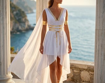 Robe de déesse grecque antique : robe blanche fantastique, tenue de cosplay pour une fête de la Renaissance