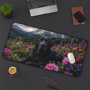 May include: A rectangular desk mat featuring a high-resolution print of a black Labrador retriever lying in a vibrant field of colorful wildflowers. In the background, majestic snow-capped mountains rise under a dramatic, cloudy sky.