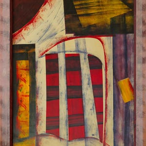 May include: An abstract painting in a wooden frame featuring geometric shapes in red, yellow, black, and cream. The composition includes vertical white bands over a red and black striped background, with the text ANTO 25.03.2008 in the bottom left.