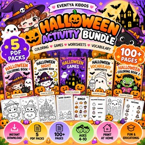 Peut inclure: Un ensemble d'activités d'Halloween comprenant 5 packs PDF et plus de 100 pages de coloriages, jeux, fiches et vocabulaire. La couverture présente une sorcière, un fantôme, un chat noir et une maison hantée aux tons orange et violet.