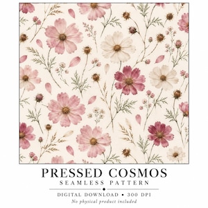 Può includere: Un motivo senza cuciture con fiori di cosmo pressati in tonalità rosa chiaro, rosa scuro e bianco su sfondo crema. Il design include delicati steli verdi, boccioli e petali sparsi. Testo: PRESSED COSMOS SEAMLESS PATTERN.