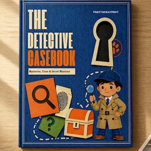 Pode incluir: Um livro de capa dura azul intitulado The Detective Casebook: Mysteries, Clues & Secret Missions. A capa apresenta um recorte de fechadura, um detetive de desenho animado com uma lupa, um baú do tesouro, uma impressão digital.