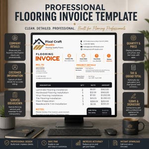 May include: A digital display showing a professional flooring invoice template with sections for company details, customer information, project details, and a service breakdown. The document includes text fields for invoice number, dates, and itemised costs.
