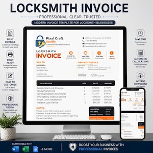 May include: A digital locksmith invoice template displayed on a computer monitor and a smartphone screen. The document features a blue and orange colour scheme with sections for bill-to information, project details, and a table listing services.