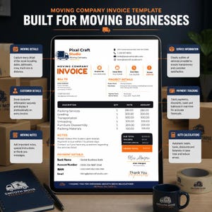 May include: A digital moving company invoice template displayed on a tablet screen, featuring sections for moving details, customer information, project descriptions, payment tracking, and auto calculations with orange and black text accents.