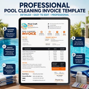 Pode incluir: Um tablet digital exibindo um modelo de fatura profissional para limpeza de piscinas com seções para detalhes do cliente, detalhamento de serviços, preços e resumo de pagamentos, incluindo campos de texto para datas e números.