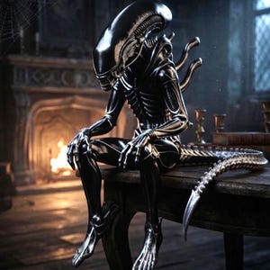 Xenomorph-figur 3D-tryckt Alien-samlarobjekt, Sci-Fi-skräckmonsterstaty skrivbordsdekor, sittande skulpturpresent