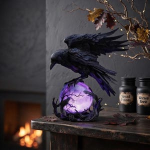 Può includere: Una scultura di corvo nero appollaiata sopra una sfera viola luminosa. L'uccello ha piume dettagliate ed è posizionato su una base di rami scuri e contorti. Accanto ci sono due barattoli neri con le etichette Spiced Potions e Wicked Brew.