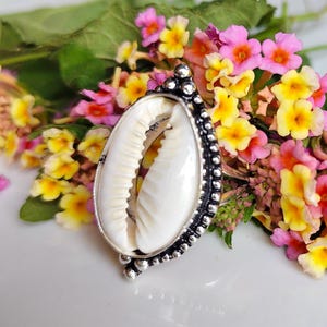 925 Sterling Silver Cowrie Shell Ring, Handmade Boho Beach Statement Jewelry, Gift For Her.