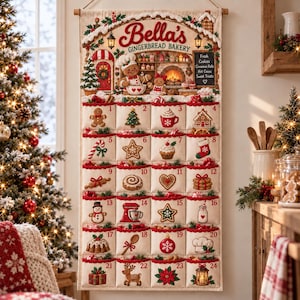 Pode incluir: Um calendário do advento de Natal em tecido com uma cena de padaria de pão de mel e o texto Bella's Gingerbread Bakery. Possui vinte e quatro bolsos numerados, cada um decorado com ícones festivos como biscoitos, bengalas doces e motivos natalinos.