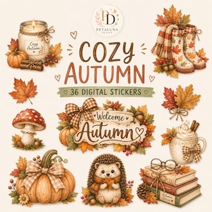 Può includere: Una collezione di 36 adesivi digitali a tema autunnale che include una candela con l'etichetta Cozy Autumn, stivali da pioggia, un fungo, un riccio, zucche, una pila di libri con occhiali e una tazza, decorati con foglie autunnali e nastri.