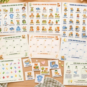 Può includere: Una raccolta di tabelle di routine e carte premio stampabili con illustrazioni di orsi e volpi. I fogli includono programmi per mattina, pomeriggio e sera con icone delle attività, spazi per i premi e una guida all'utilizzo.