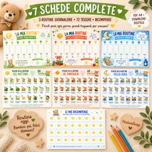 May include: A set of seven printable routine charts for children, including morning, afternoon, and evening schedules, task tiles, and a reward sheet. The charts feature colourful illustrations of bears and foxes, with Italian text throughout the design.