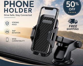 Car Phone Holder Dashboard Mount, 360 Rotation Adjustable Phone Stand, Hands Free GPS Mount, Universal Car Accessory