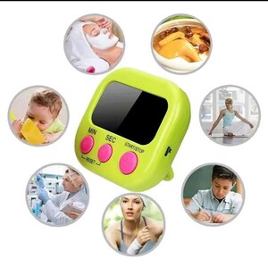 May include: A lime green digital kitchen timer with a black display screen and three bright pink circular buttons labeled MIN, SEC, and START/STOP. The device features a reset function and is surrounded by six circular images showing various uses.