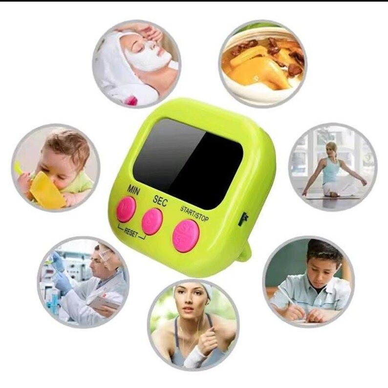 May include: A lime green digital kitchen timer with a black display screen and three bright pink circular buttons labeled MIN, SEC, and START/STOP. The device features a reset function and is surrounded by six circular images showing various uses.