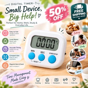 May include: A white digital timer with a square frame and rounded corners, featuring a large LCD screen displaying 0000 and three bright blue circular buttons labeled MIN, SEC, and START/STOP, with a reset function indicated below the buttons.