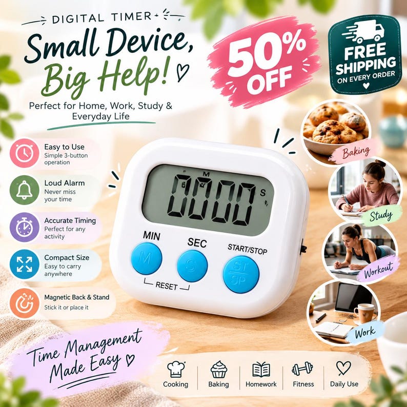 May include: A white digital timer with a square frame and rounded corners, featuring a large LCD screen displaying 0000 and three bright blue circular buttons labeled MIN, SEC, and START/STOP, with a reset function indicated below the buttons.
