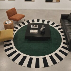 Art Deco Circle Area Rug, Modern Geometric Sunburst Round Rug, Striped Border Hand Tufted Carpet, Mid Century Dining Table Floor Carpet