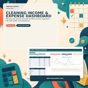 Può includere: Un modello digitale di dashboard per entrate e uscite di pulizia di Tablyra Studio. Il grafico mostra un'interfaccia di foglio di calcolo con tabelle finanziarie, un grafico a linee per entrate e uscite mensili e un'icona di calcolatrice. Il testo include Excel .xlsx e 500 righe di transazione.