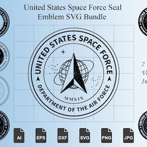 Könnte beinhalten: Ein digitales Grafikpaket mit dem Siegel-Emblem der United States Space Force. Das kreisförmige Design enthält ein zentrales Deltasymbol, einen Globus mit Orbitalringen, Sterne und den Text United States Space Force Department of the Air Force MMXIX.