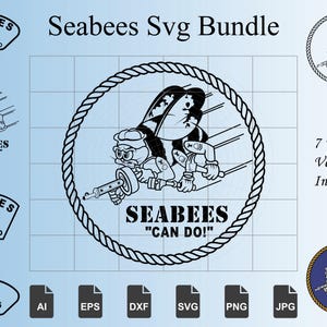 May include: A digital graphic bundle titled Seabees Svg Bundle featuring seven variations of a cartoon bee character holding a tool. The central design shows the bee inside a rope-textured circle with the text SEABEES CAN DO below the character.