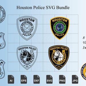 May include: A digital graphic bundle featuring Houston Police and Youth Police Advisory Council emblems. The collection includes eight shield-shaped designs in black and white line art and full-colour versions, displaying text and icons.