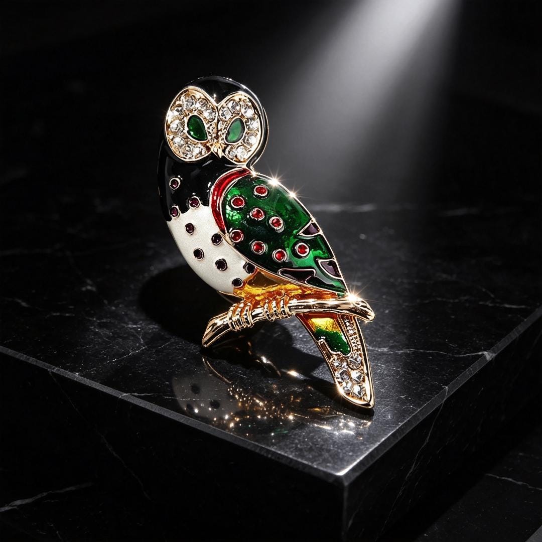 Handmade Owl Brooch Pin, Multicolor Enamel Crystal Gold Bird Lapel Pin, Vintage Style Nature Jewelry
