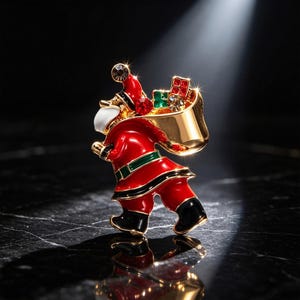 Könnte beinhalten: Eine Brosche aus goldfarbenem Metall in Form eines Weihnachtsmanns, der einen roten Anzug mit grünem Gürtel und schwarzen Stiefeln trägt. Der Weihnachtsmann trägt einen großen goldenen Sack voller roter, grüner und klarer Kristalle auf dem Rücken.