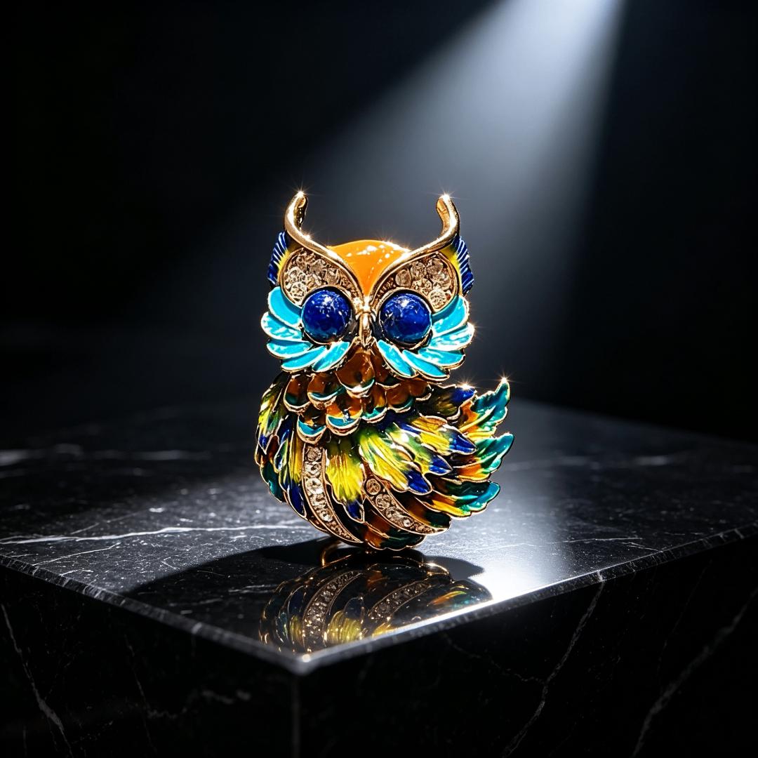 Handmade Colorful Owl Brooch Pin, Multicolor Enamel Crystal Gold Bird Lapel Pin, Vintage Bohemian Je