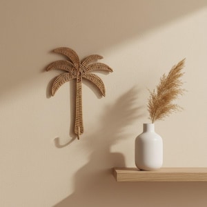 Peut inclure: Une décoration murale en forme de palmier tressée en rotin brun clair. À côté se trouve un vase en céramique blanche contenant un plumeau d'herbe de la pampa séchée, le tout posé sur une étagère en bois clair contre un mur uni.