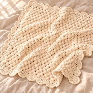 Easy Crochet Baby Blanket Pattern PDF – One-Piece Textured Design with Scalloped Border