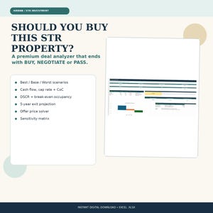 May include: A digital spreadsheet tool for Airbnb and short-term rental investment analysis. The graphic displays the text SHOULD YOU BUY THIS STR PROPERTY? and lists features including cash flow, cap rate, DSCR, and a 5-year exit projection.