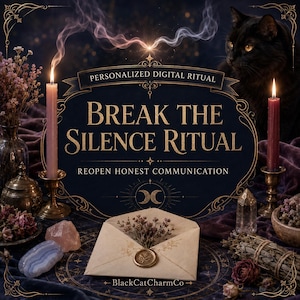 Pode incluir: Um gráfico digital intitulado Personalized Digital Ritual Break The Silence Ritual Reopen Honest Communication da BlackCatCharmCo. A imagem apresenta um gato preto, duas velas acesas, cristais, flores secas e um envelope selado.