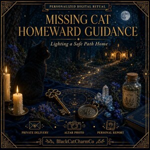May include: A digital ritual graphic titled MISSING CAT HOMEWARD GUIDANCE with a black cat, candles, a key, a compass with a paw print, a crystal cluster, and a jar labeled CATNIP. Text includes PRIVATE DELIVERY, ALTAR PHOTO, and PERSONAL REPORT.