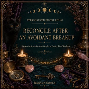 Peut inclure: Un graphique de rituel numérique intitulé RECONCILE AFTER AN AVOIDANT BREAKUP avec le texte PERSONALIZED DIGITAL RITUAL et Support Anxious-Avoidant Couples in Finding Their Way Back. Inclut un chat noir, des bougies, une boussole et des cœurs.